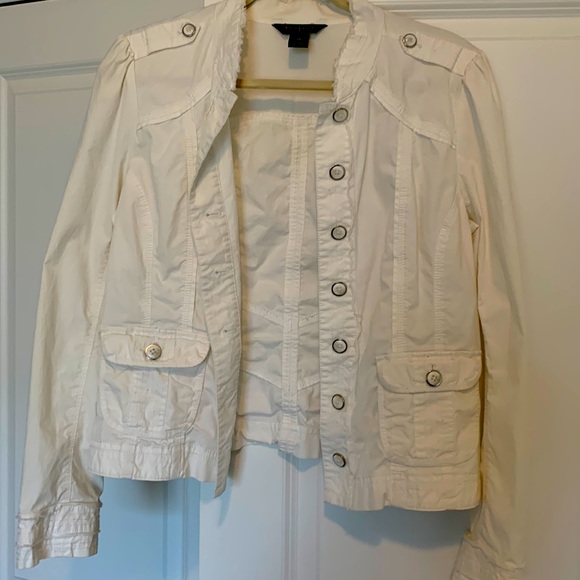 White House Black Market Jackets & Blazers - WHITE HOUSE BLACK MARKET White Jacket size 10. Fringes at neck/sleeves.